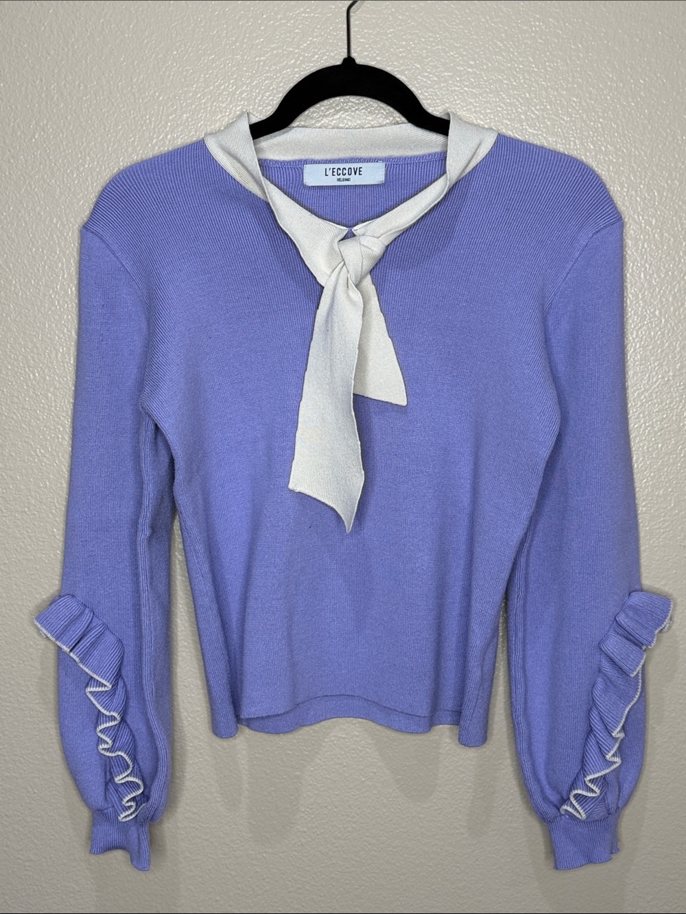 L'ECCOVE Lilac Ribbed Knit Sweater with White Bow and Ruffle Sleeves